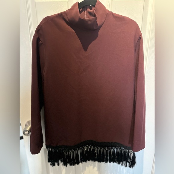 Zara Tops - Zara Woman Maroon Long Sleeve Mock Neck Fringe Hem Shirt Women's Medium boho